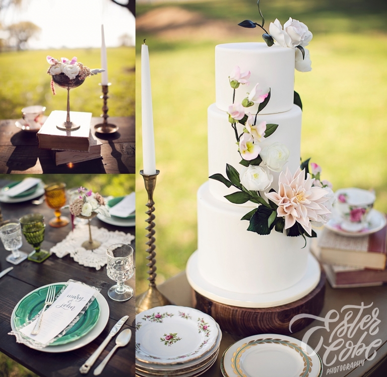 Spring Wedding Cake and Jewel Toned Table