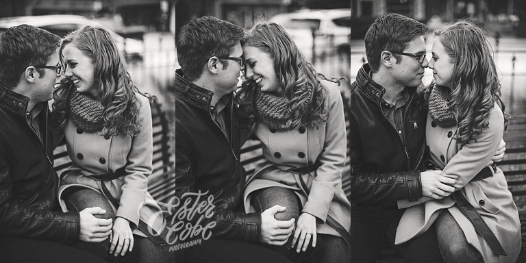 Cold Weather Engagement downtown park bench Authentic Posing