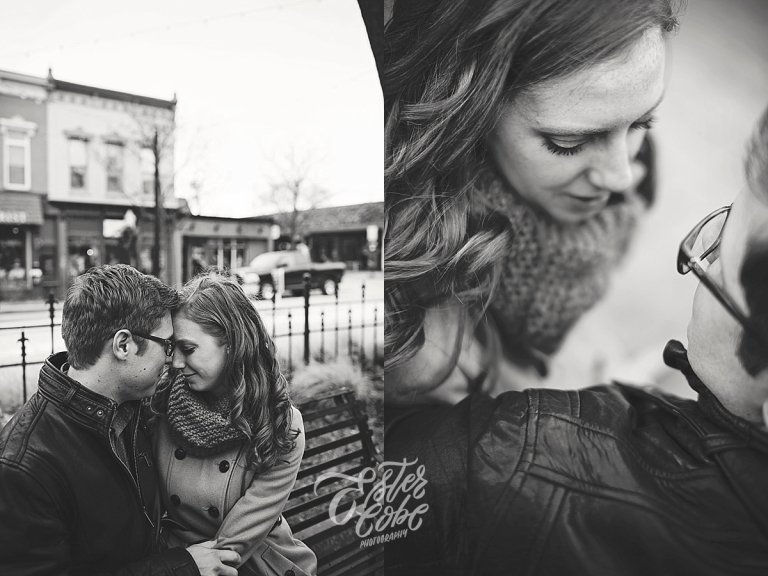 Cold Weather Engagement downtown park bench Authentic Posing